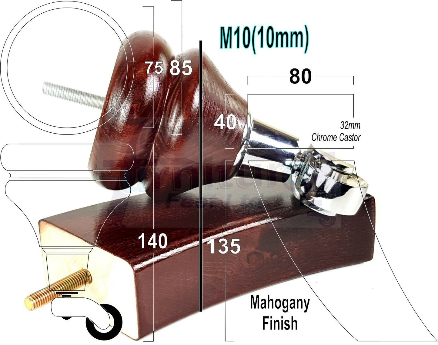 Turned Wood Furniture Feet 2 With Castors 140mm & 2 Curved Back Legs Sofas Chairs Stools Cabinets Beds M10(10mm)