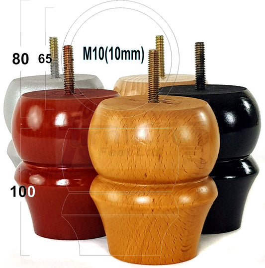 Set Of 4 Solid Wood Turned Furniture Legs Replacement Bun Feet 100mm High 10mm Thread