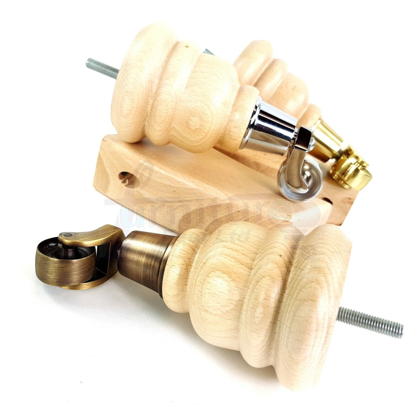 Turned Natural Wood Furniture Feet 2 With Castors 155mm and 2 Curved Back Legs Sofas Chairs Stools Cabinets Beds M8 6 Inches