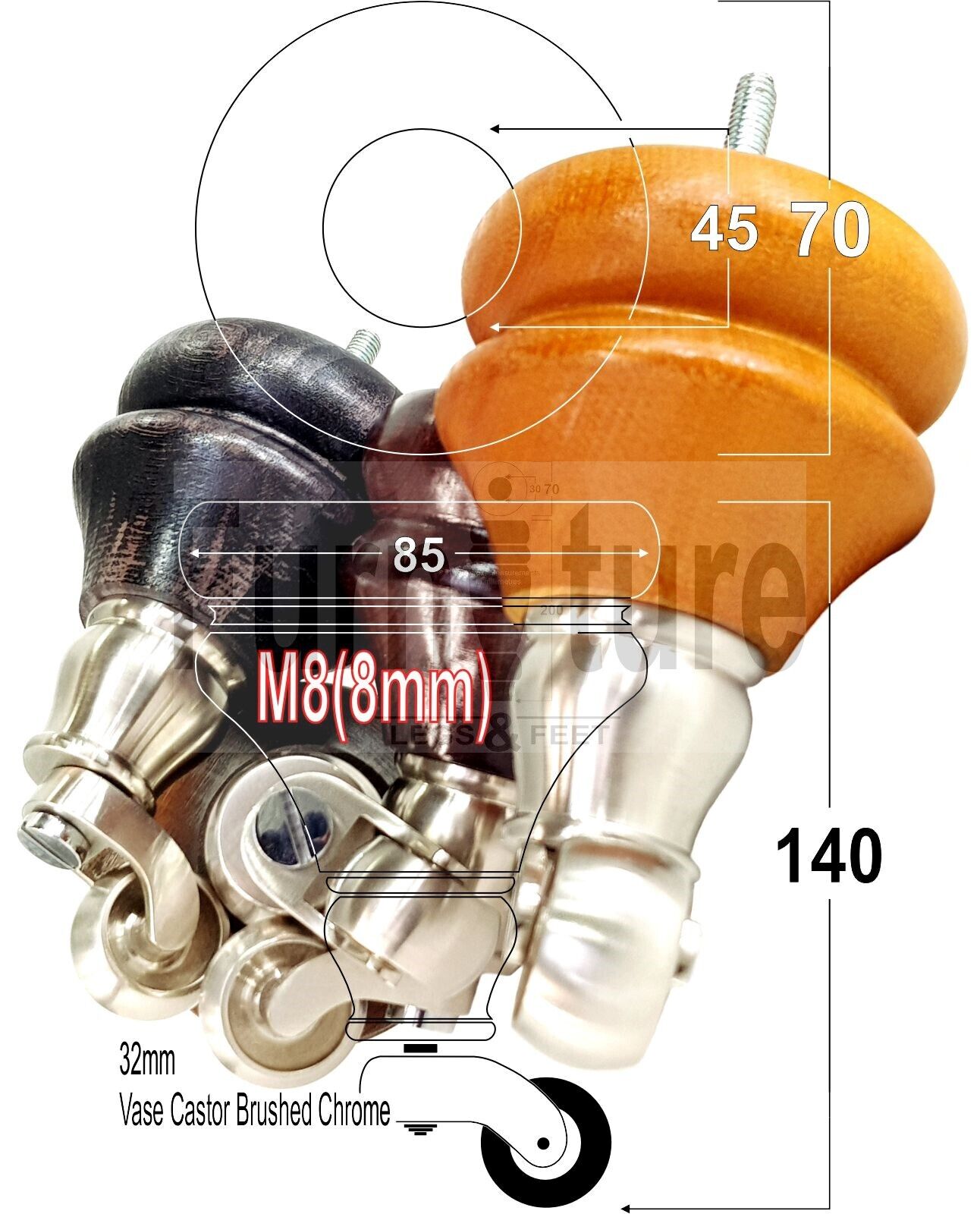 Set Of 4 Turned Furniture Wood Feet With Brushed Castors 140mm Sofas Chairs Settee Cabinets Beds M8(8mm)