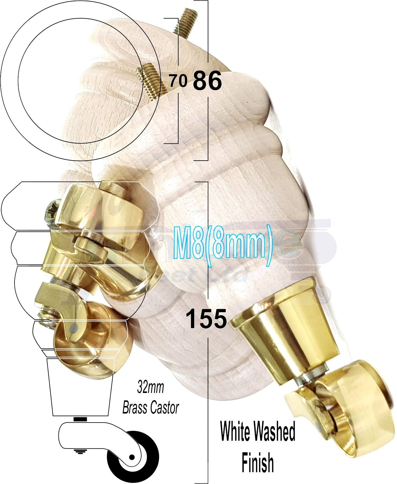 4 Turned Wood Furniture Feet With Brass Castors 155mm Legs Sofas Chairs Stools Cabinets Beds M8 6 Inches