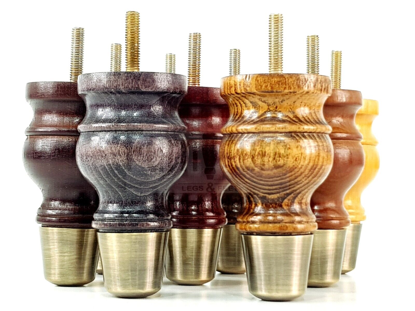 4x Turned Wooden Furniture Leg Antique Brass Slipper Cup Sofa, Chair Feet 110mm High M8