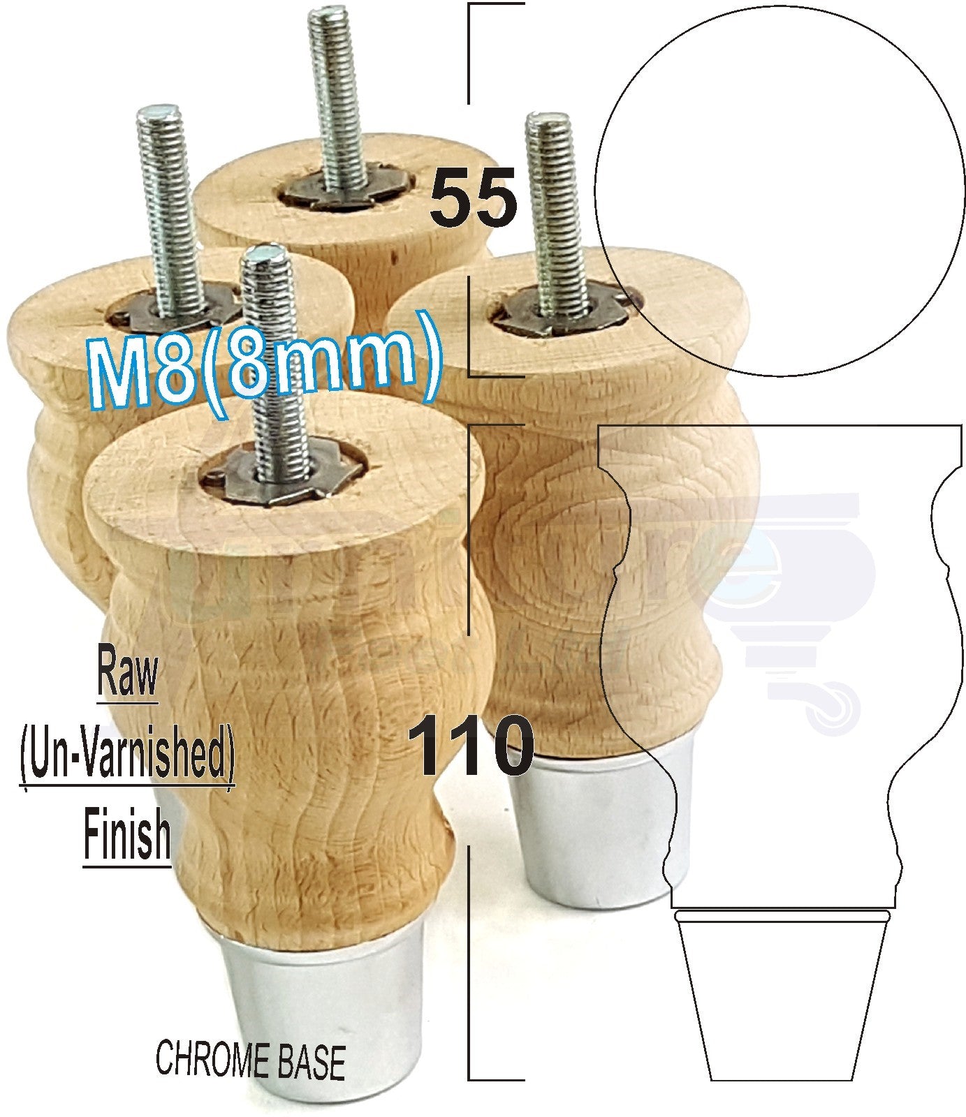 4x Turned Wood Furniture Feet With Slipper Cup M8 Chair Sofa Settee Legs 110mm