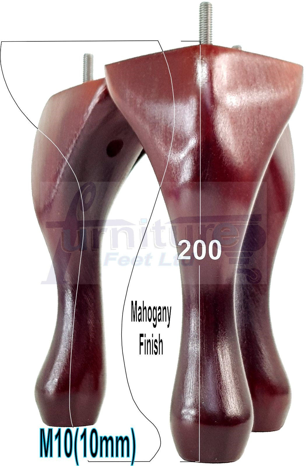 4 Solid Wood Furniture Legs 200mm High Queen Anne Replacement Feet Chairs Settees Sofas M10 Thread