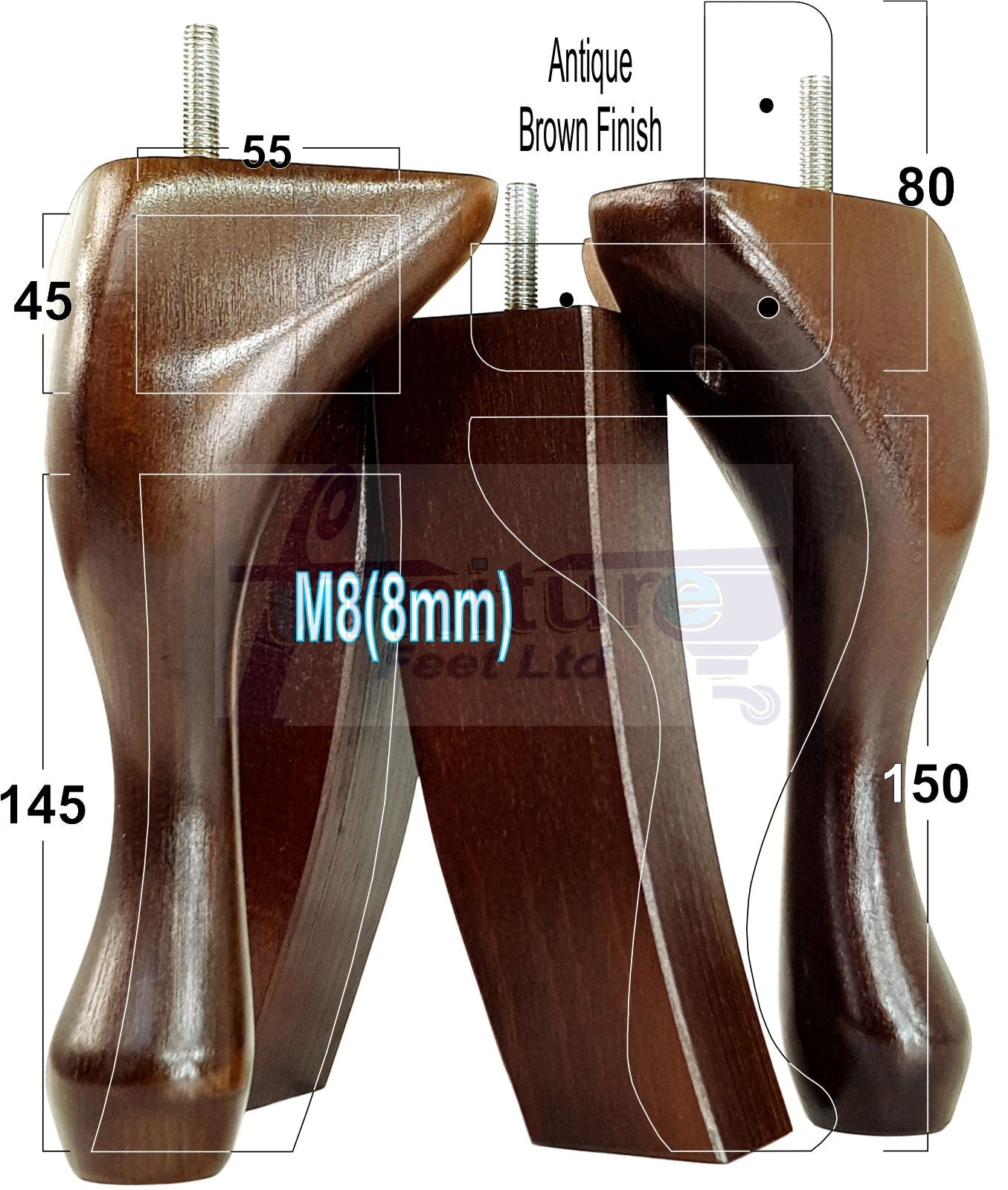 2x Vintage Queen Anne Replacement Furniture Legs & 2x Curved Back Feet 150mm 6 Inch High 8mm Thread