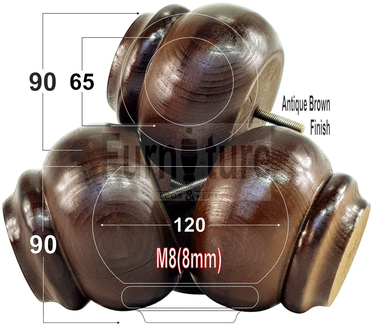 Set Of 4 Turned Wooden Furniture Legs Replacement Feet 90mm High 8mm Thread
