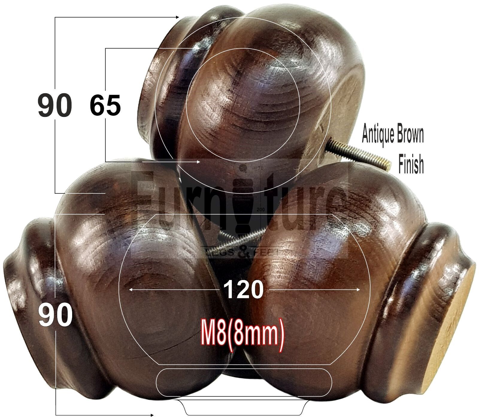 Set Of 4 Turned Wooden Furniture Legs Replacement Feet 90mm High 8mm Thread