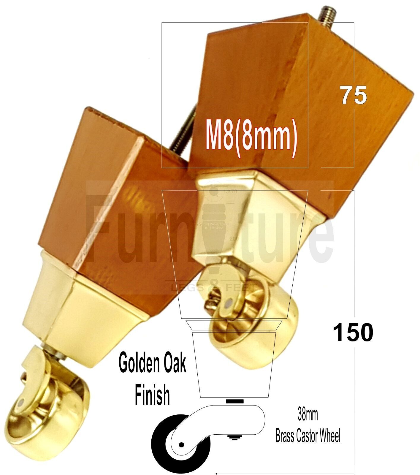 4x Block Wood Furniture Legs With Brass Castors For Sofa Chairs Settees 8mm Thread 150mm High