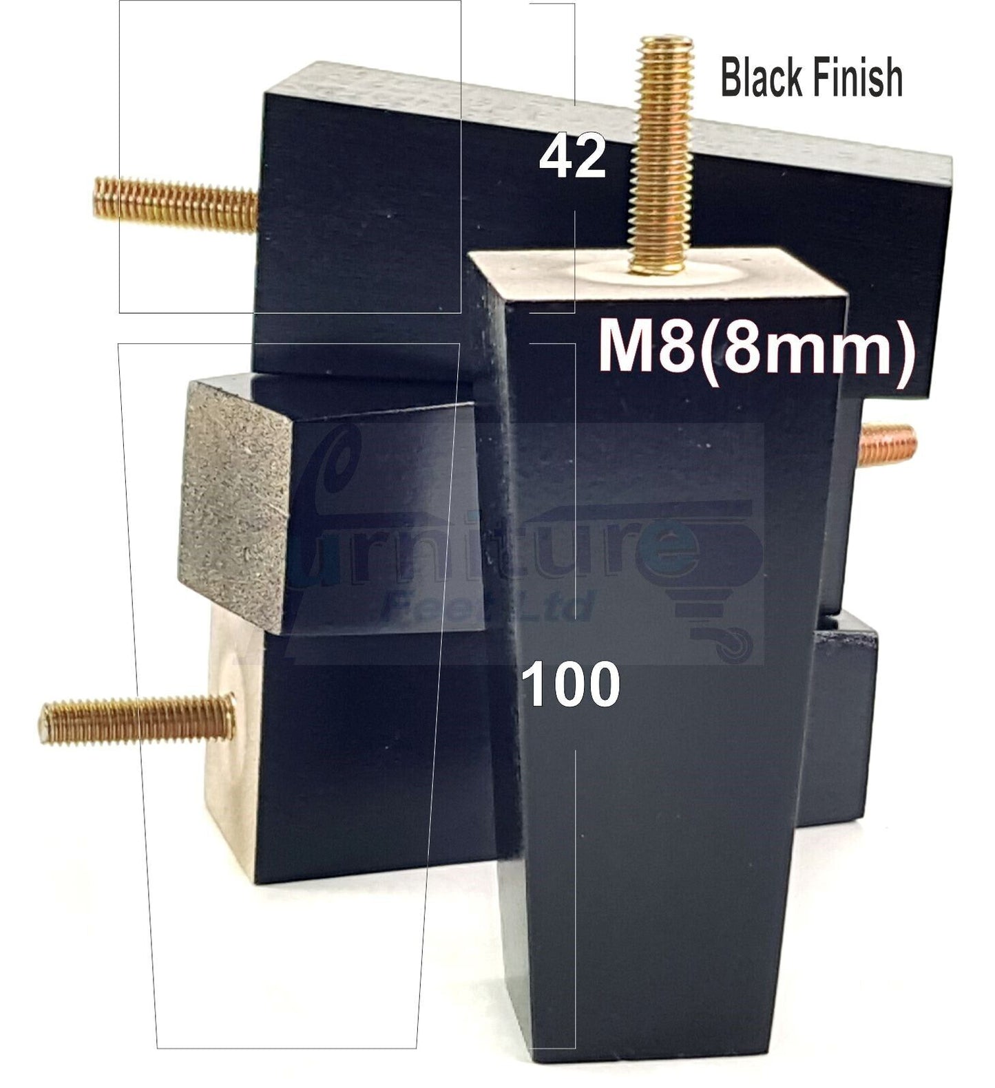 4x Solid Wood Block Furniture Legs Replacement Square Feet 100mm High M8(8mm)