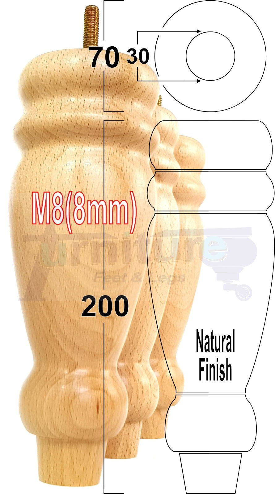 Set Of 4 Turned Furniture Legs Replacement Sofa Feet 200mm High M8 Thread