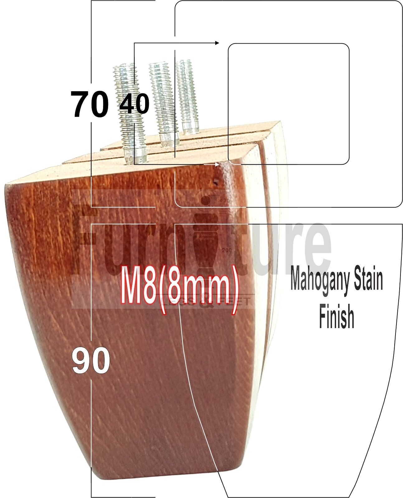 Set Of 4 Solid Wooden Block Furniture Feet Replacement Legs 90mm High M8(8mm)