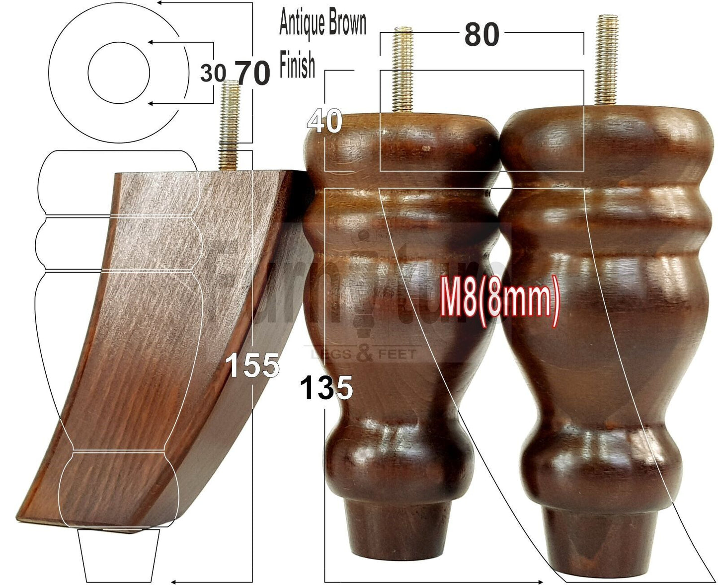 2x Turned Wood Furniture Feet 155mm and 2 Curved Back Legs Sofas Chairs Beds M8 Thread 6 Inches