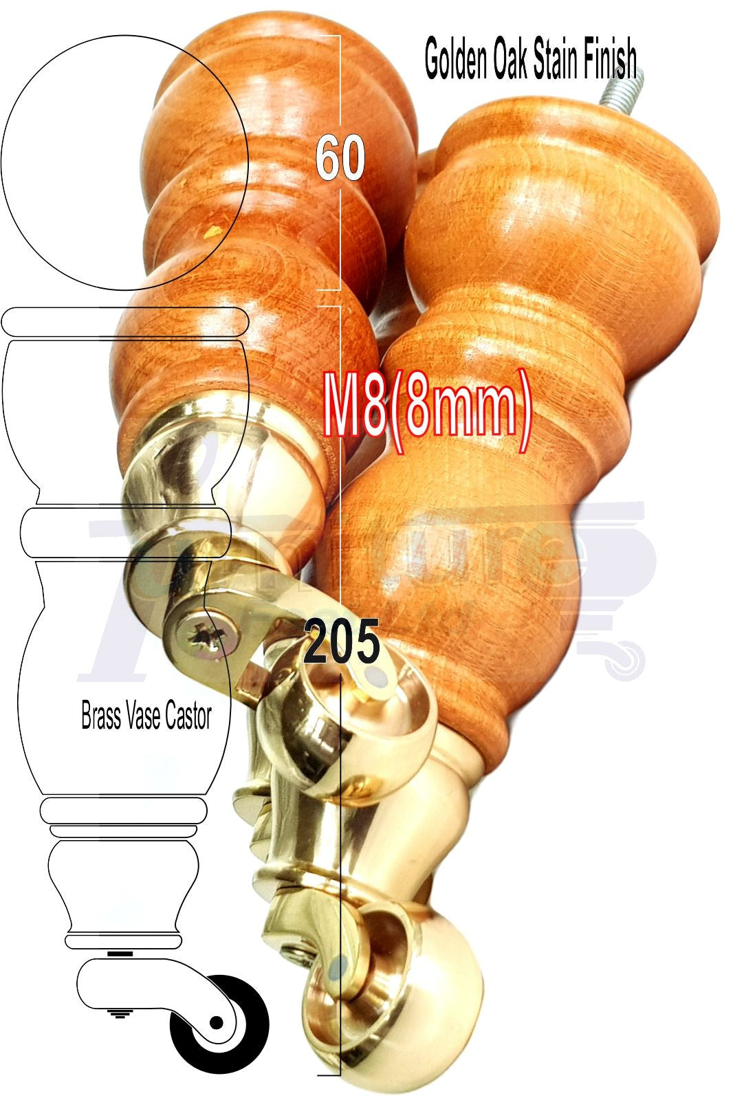 Solid Wood Furniture Feet With Castors Set of 4 Legs 205mm High For Sofas Chairs Stools Cabinets & Beds M8