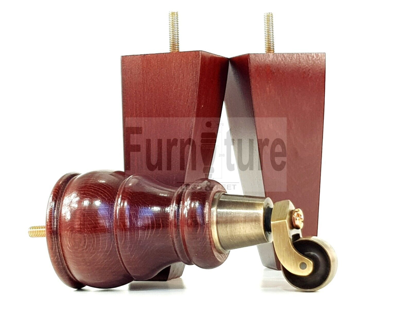 2 Wooden Castor Furniture Sofa Legs & 2 Curved Back Feet  Mahogany M8 Chair Settee Feet 160mm High