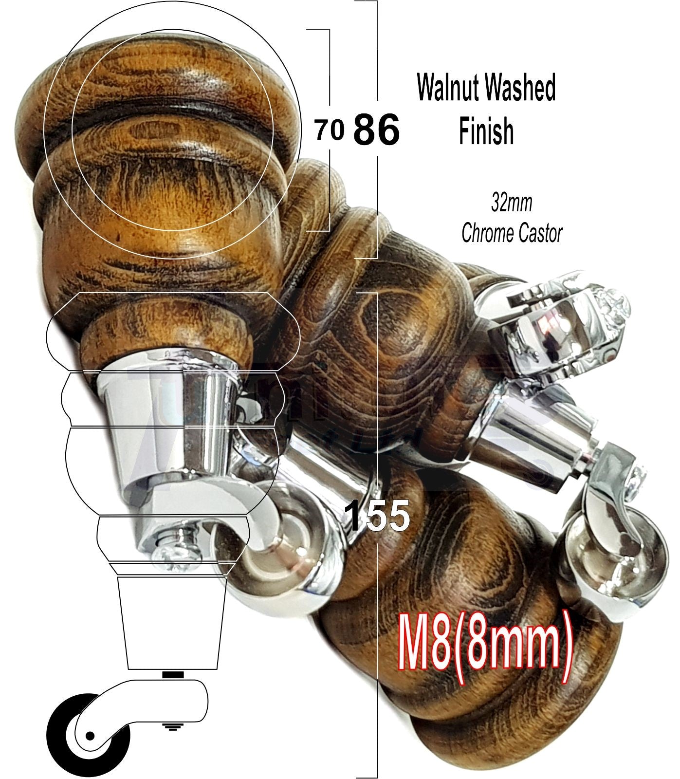 4 Turned Wood Furniture Feet With Chrome Castors 155mm Legs Sofas Chairs Stools Cabinets Beds M8 6 Inches