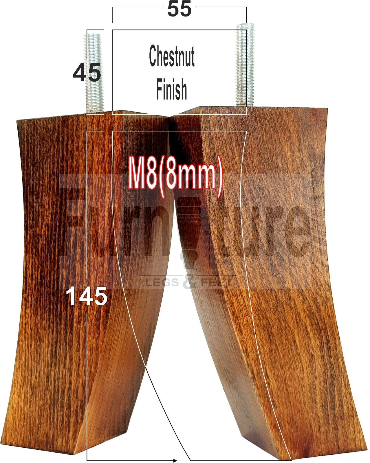 Set Of 4 Solid Wood Curved Furniture Feet Replacement Legs 145mm High M8(8mm)