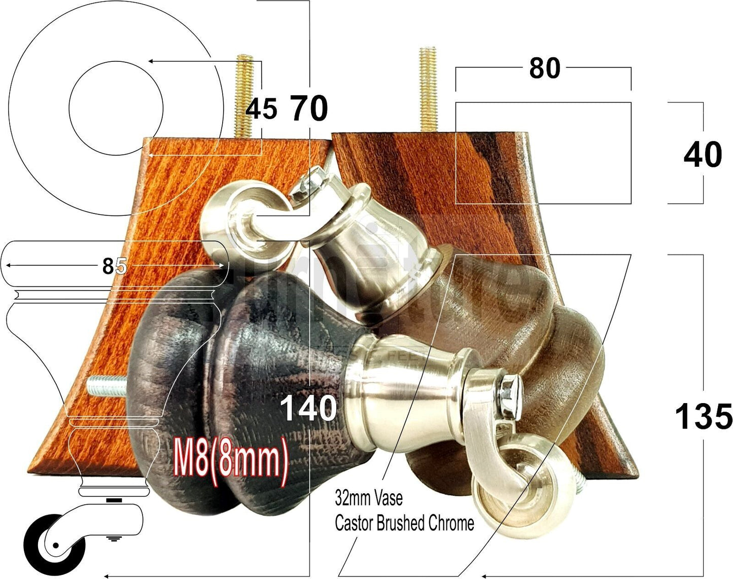 Turned Wood Furniture Feet 2 With Brushed Chrome Castors 140mm & 2 Curved Back Legs Sofas Chairs Stools Cabinets Beds M8
