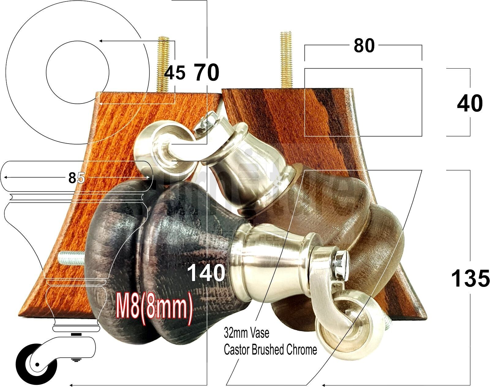 Turned Wood Furniture Feet 2 With Brushed Chrome Castors 140mm & 2 Curved Back Legs Sofas Chairs Stools Cabinets Beds M8
