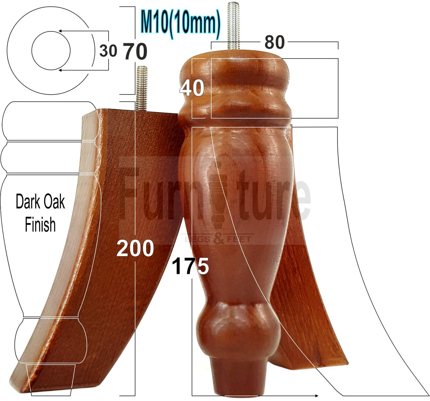 2x Furniture Legs Replacement Sofa Feet 200mm & 2x Curved Legs 175mm for Chairs Sofa Settee M10 Thread