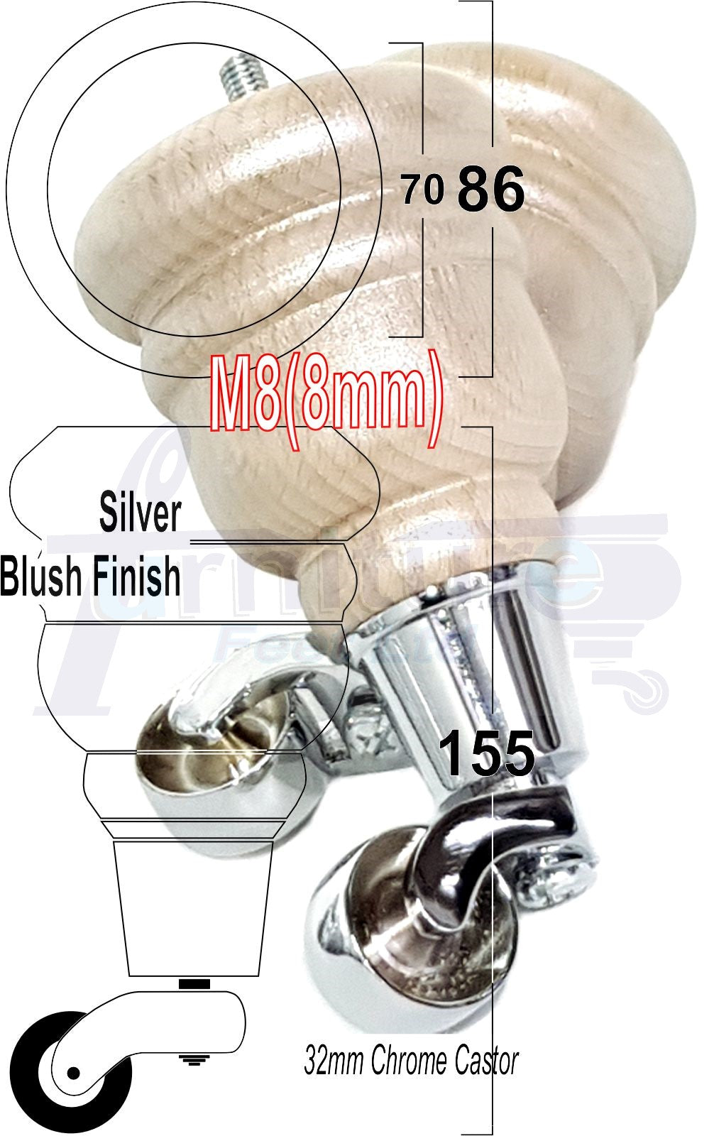 4 Turned Wood Furniture Feet With Chrome Castors 155mm Legs Sofas Chairs Stools Cabinets Beds M8 6 Inches