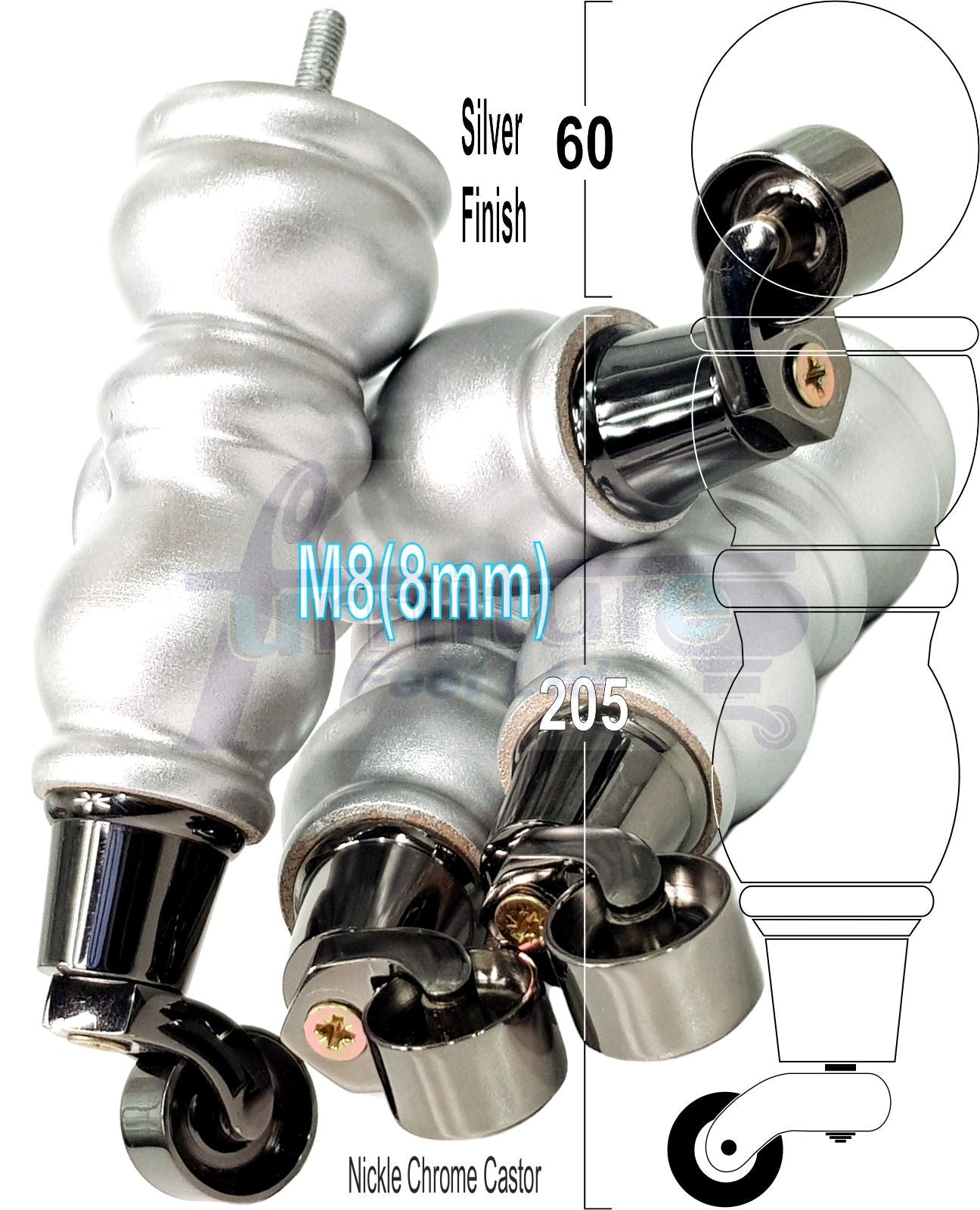 4x Furniture Feet With Castor 205mm High Legs Silver Wood M8 Sofas Chairs Stools Cabinets 8 Inches Tall