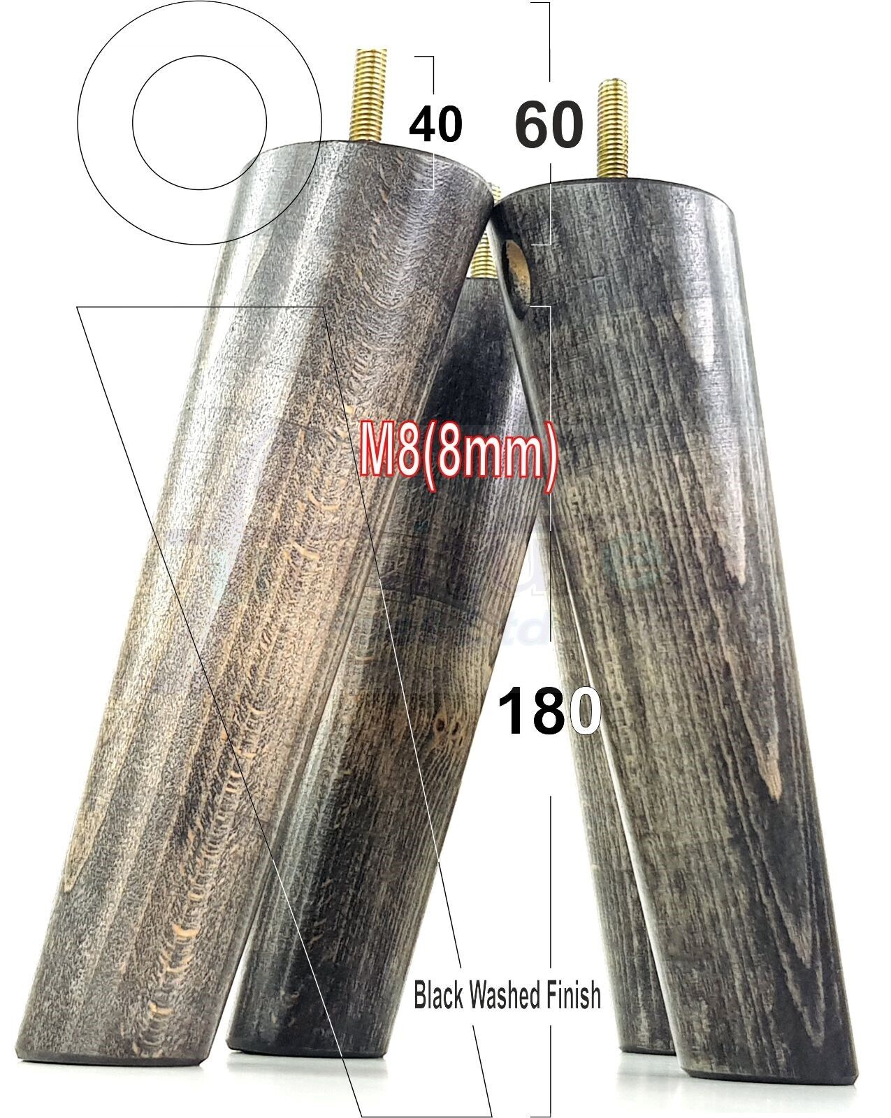 4 Solid Wood Turned Furniture Feet Replacement Mid Centry Angled Retro Legs 180mm High M8 Sofa Chairs Stools Cabinets Beds