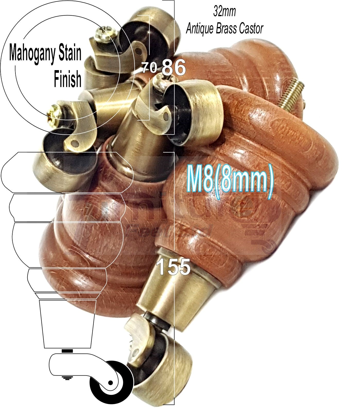 4 Turned Wood Furniture Feet With Antique Brass Castors 155mm Legs Sofas Chairs Stools Cabinets Beds M8 6 Inches