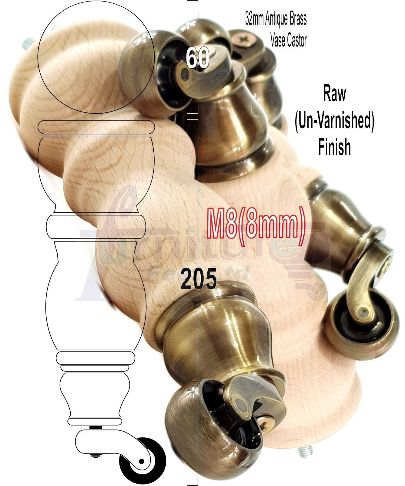 4x Furniture Feet With Castor 205mm High Legs Raw Wood M8 Sofas Chairs Stools Cabinets 8 Inches Tall