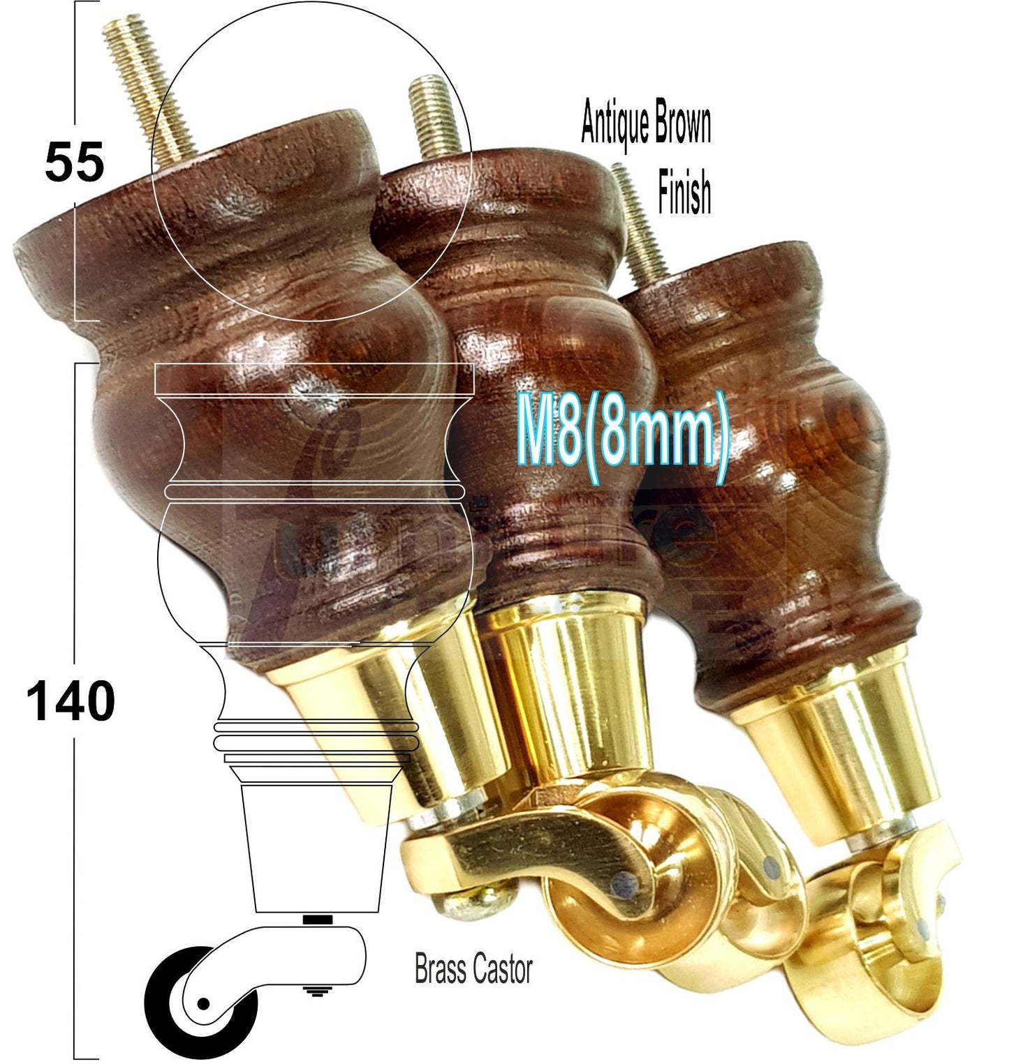 Set Of 4 Turned Wood Furniture Legs With 140mm High Castor 8mm Thread For Chairs Settees & Cabinets Antique Brown