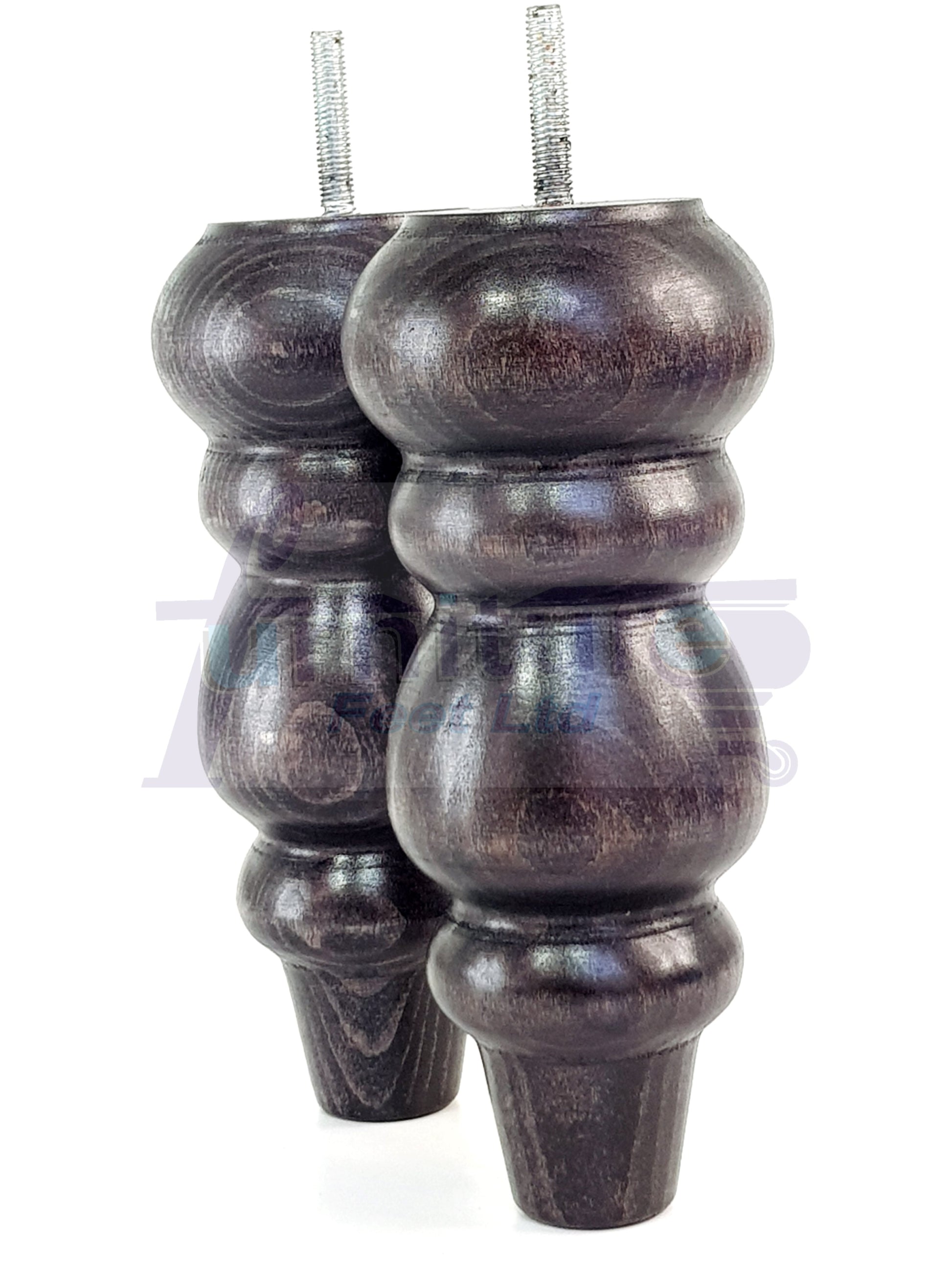 4 Solid Wood Furniture Legs Replacement Turned Feet 200mm High M8(8mm) Thread: Black Washed