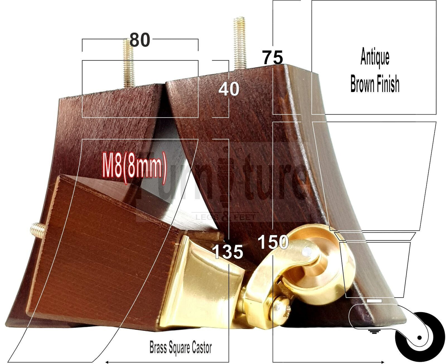 2x Cuved Wood Furniture Legs & 2x Brass Castor Feet 150mm High For Chairs Sofas Settees 8mm Thread