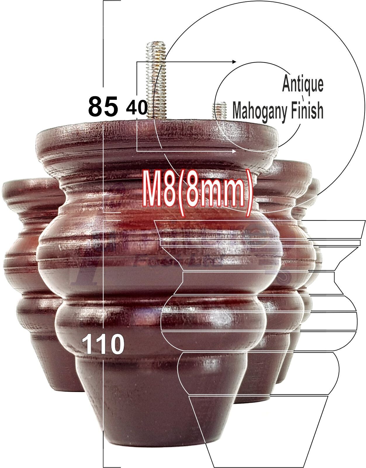 4x Turned Wood Furniture Legs Replacement Feet 110mm High Multiple Colours Chairs Stools Sofa's Beds Settee Cabinets M8