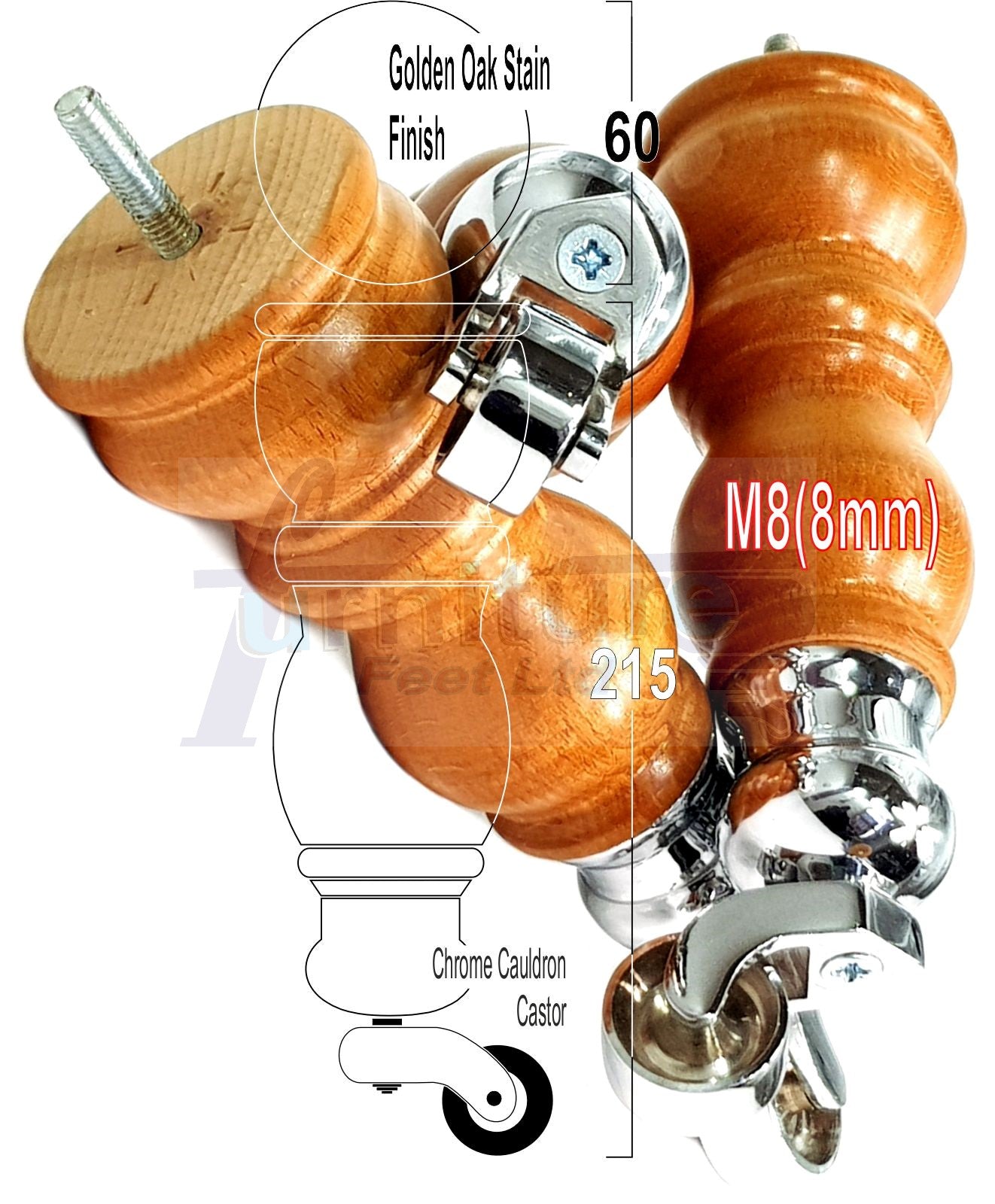 Solid Wood Furniture Feet With Castors Set of 4 Legs 205mm High For Sofas Chairs Stools Cabinets & Beds M8