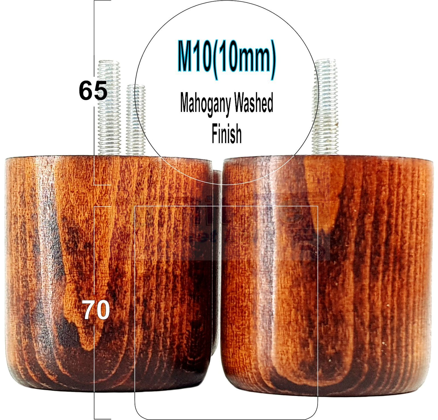 4x Solid Wood Turned Furniture Legs Replacement Bun Feet 70mm High 10mm Thread