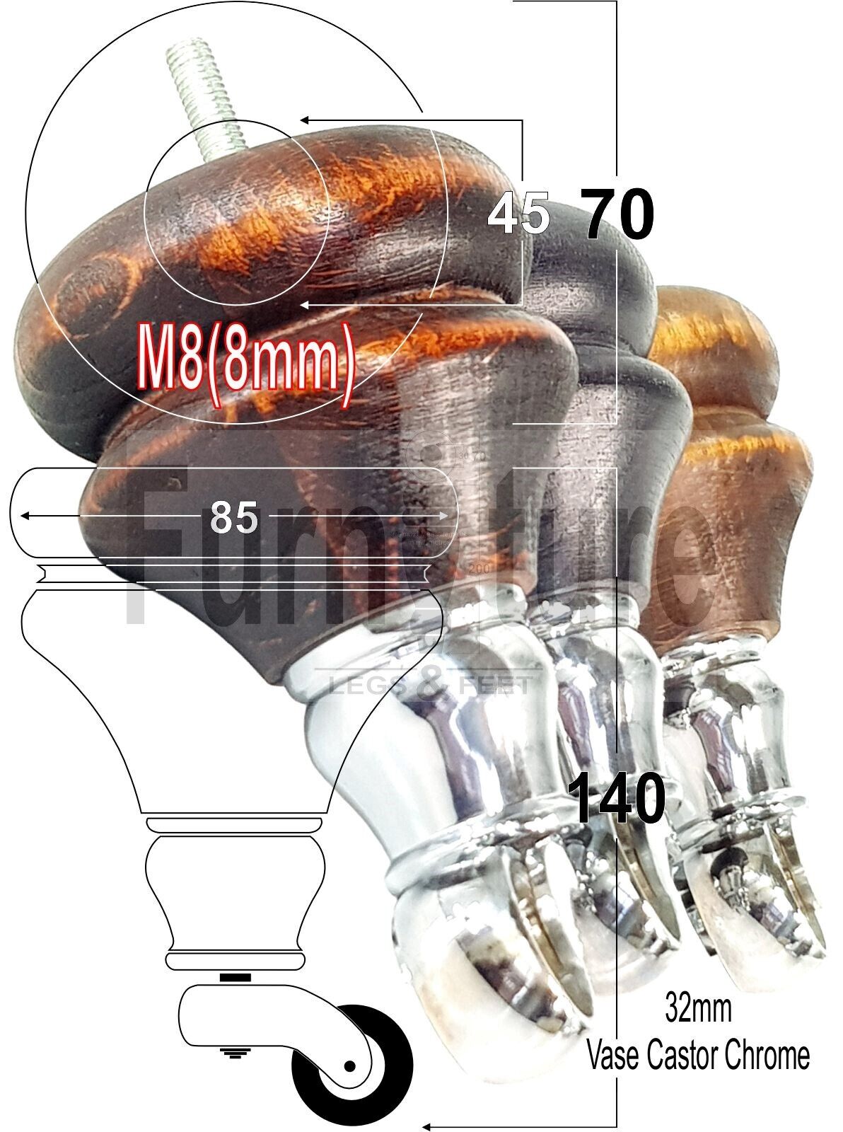 Set Of 4 Turned Furniture Wood Feet Chrome Castors 140mm Sofas Chairs Settee Cabinets Beds M8(8mm)