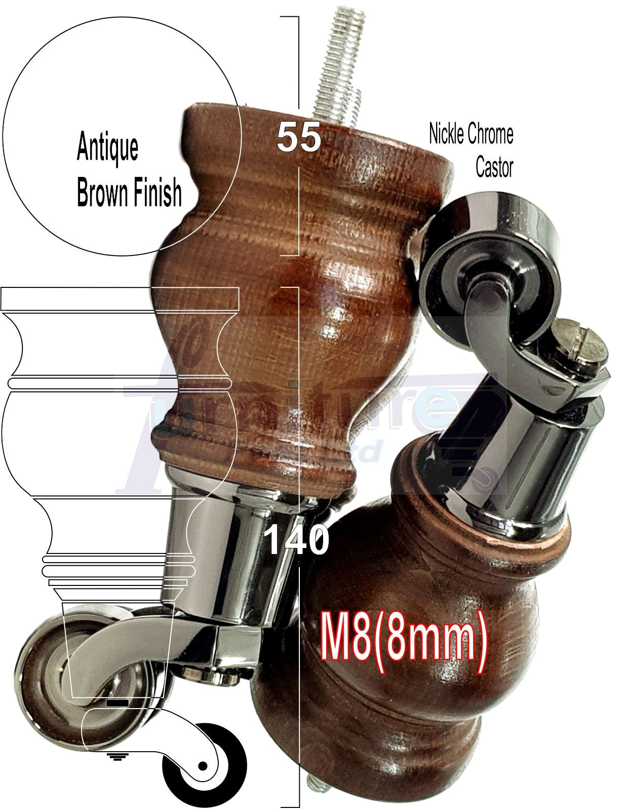 Set Of 4 Turned Wood Furniture Legs With 140mm High Castor 8mm Thread For Chairs Settees & Cabinets Antique Brown