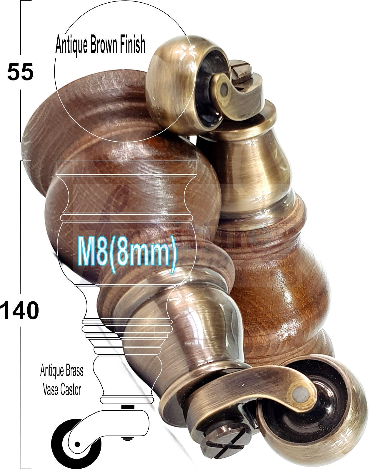 Set Of 4 Turned Wood Furniture Legs With 140mm High Castor 8mm Thread For Chairs Settees & Cabinets Antique Brown