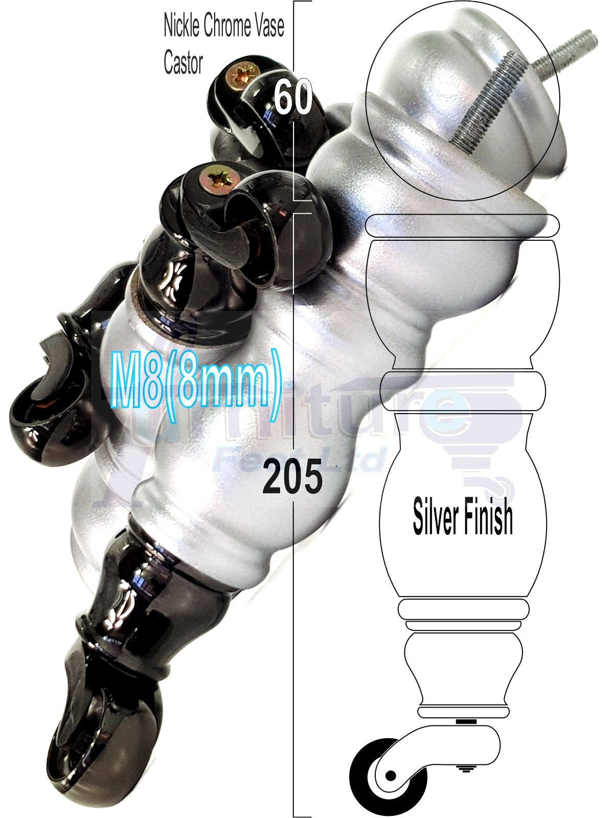 4x Furniture Feet With Castor 205mm High Legs Silver Wood M8 Sofas Chairs Stools Cabinets 8 Inches Tall