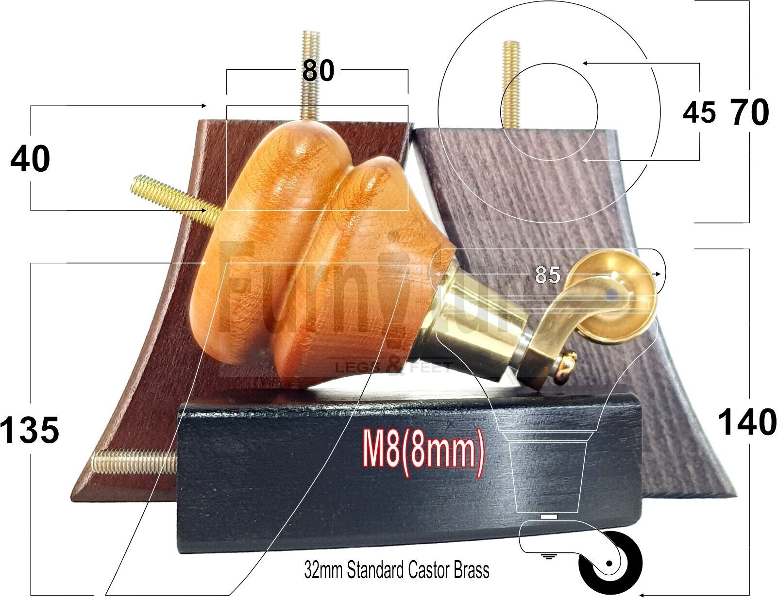 Turned Wood Furniture Feet 2 With Brass Castors 140mm & 2 Curved Back Legs Sofas Chairs Cabinets Beds M8