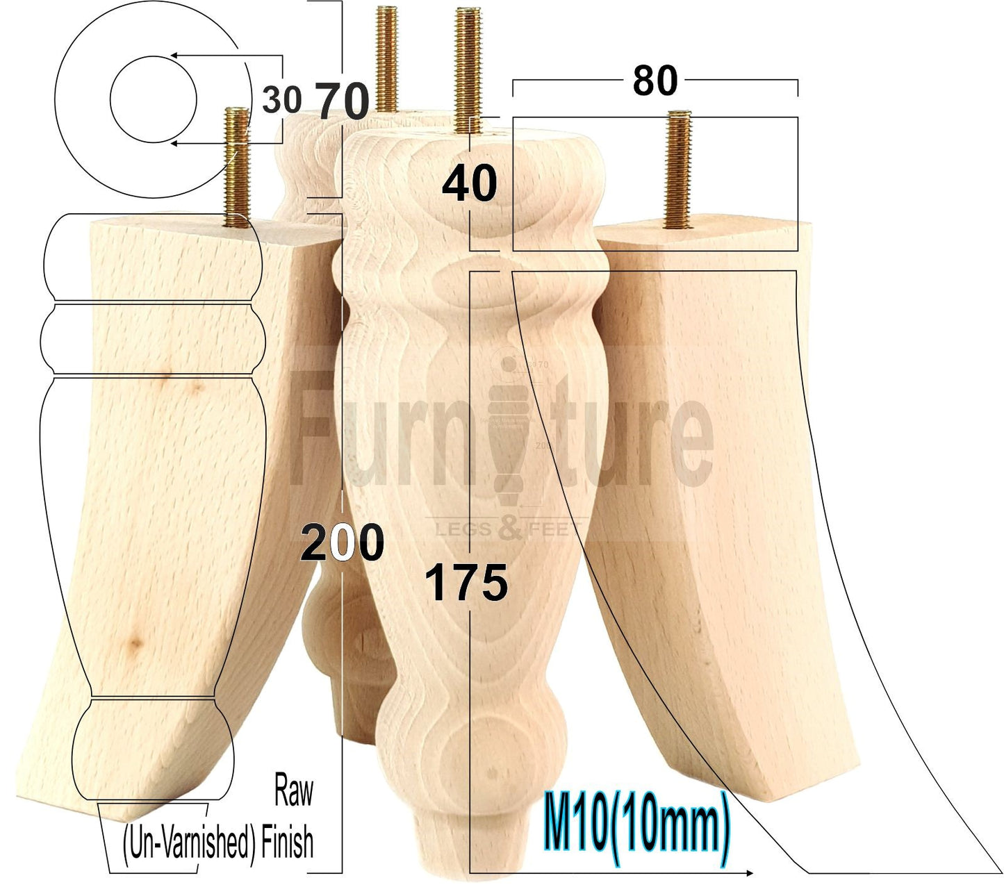 2x Furniture Legs Replacement Sofa Feet 200mm & 2x Curved Legs 175mm for Chairs Sofa Settee M10 Thread