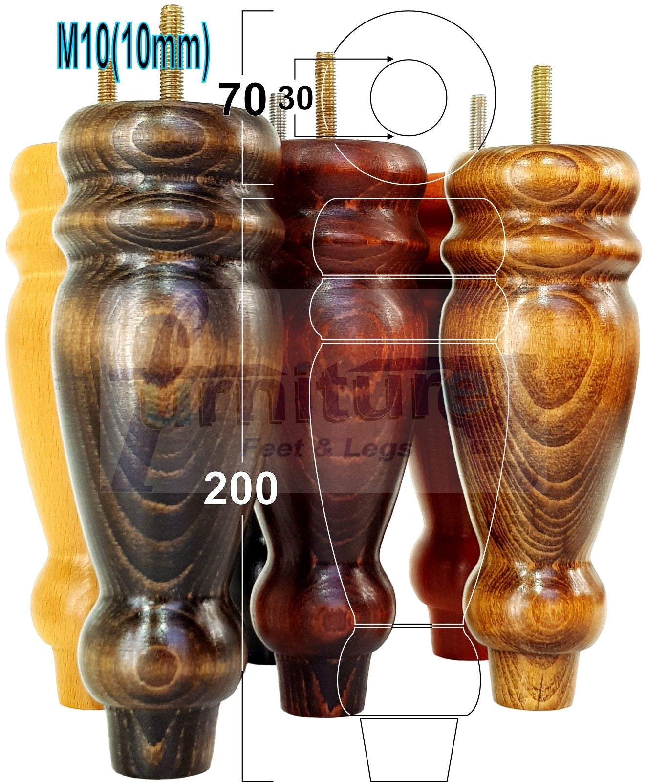 Set Of 4 Turned Furniture Legs Replacement Sofa Feet 200mm Hight M10 Thread