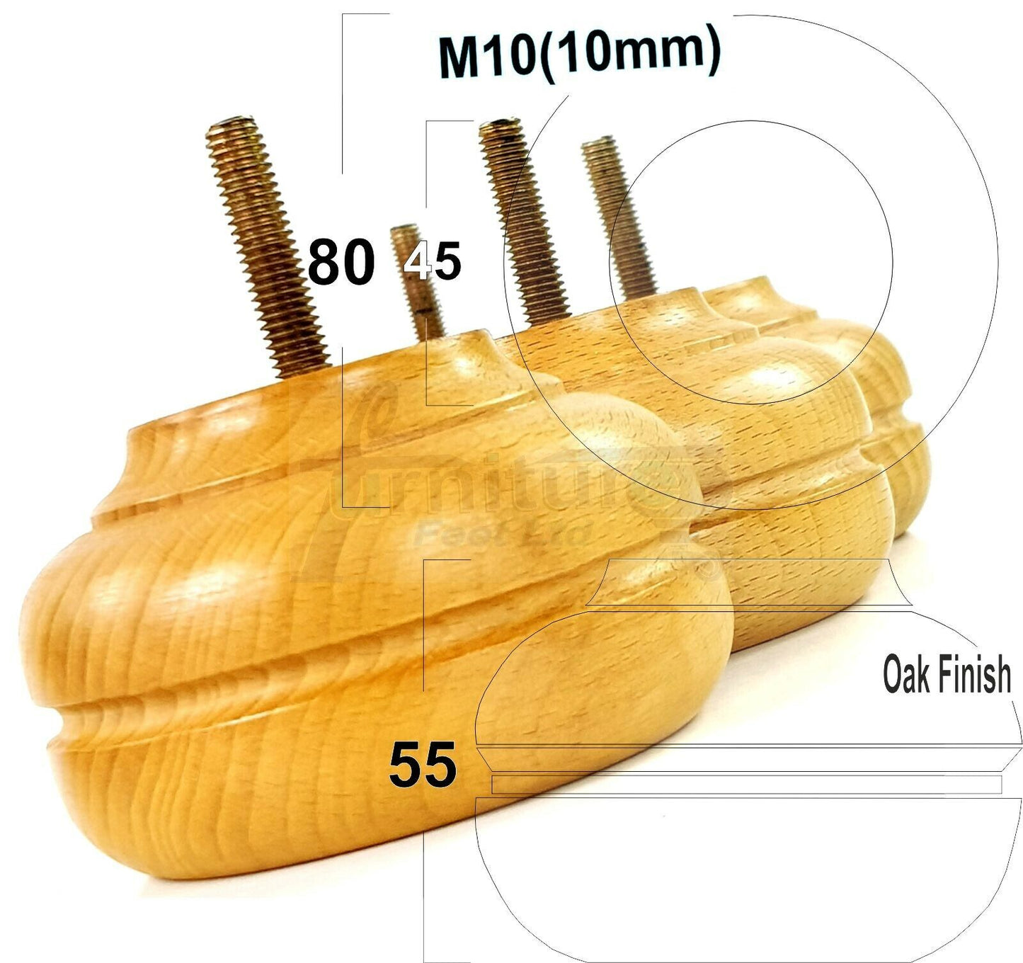 4 Wood Turned Replacement Furniture Legs Sofa, Chair, Settee Feet 55mm High M10 Thread
