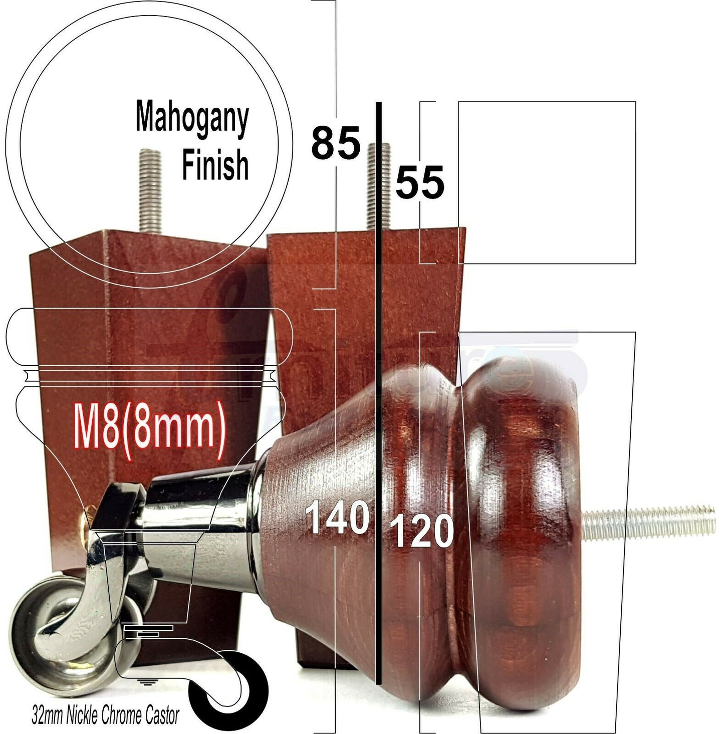 Turned Wood Furniture Feet 2 With Castors 140mm & 2 Curved Back Legs Sofas Chairs Cabinets Beds M8