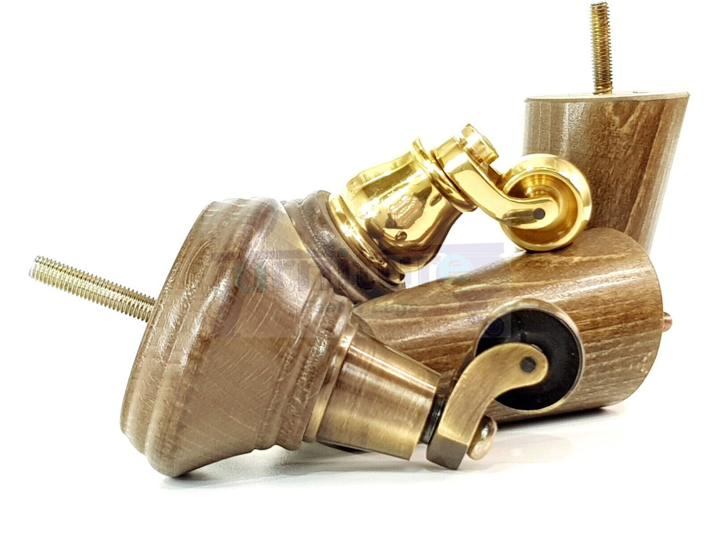 2 Antique Brown Stain Wood Furniture Sofa Legs With Castor 125mm & 2 Angled Back Feet Chair Settee 100mm High M8