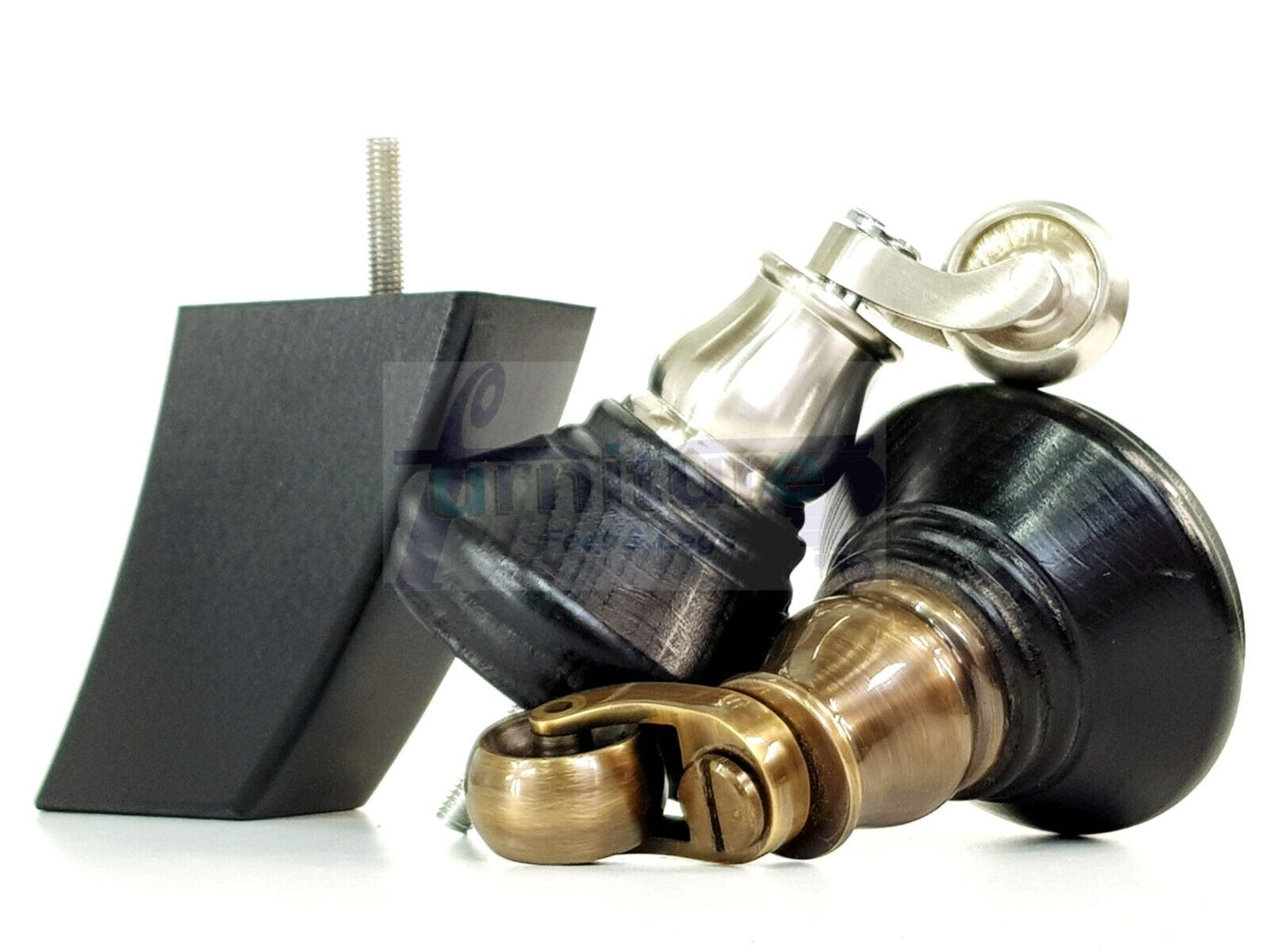 2 Black Wood Furniture Sofa Feet With Castor 125mm & 2 Curved Legs Chair Settee 100mm High M8