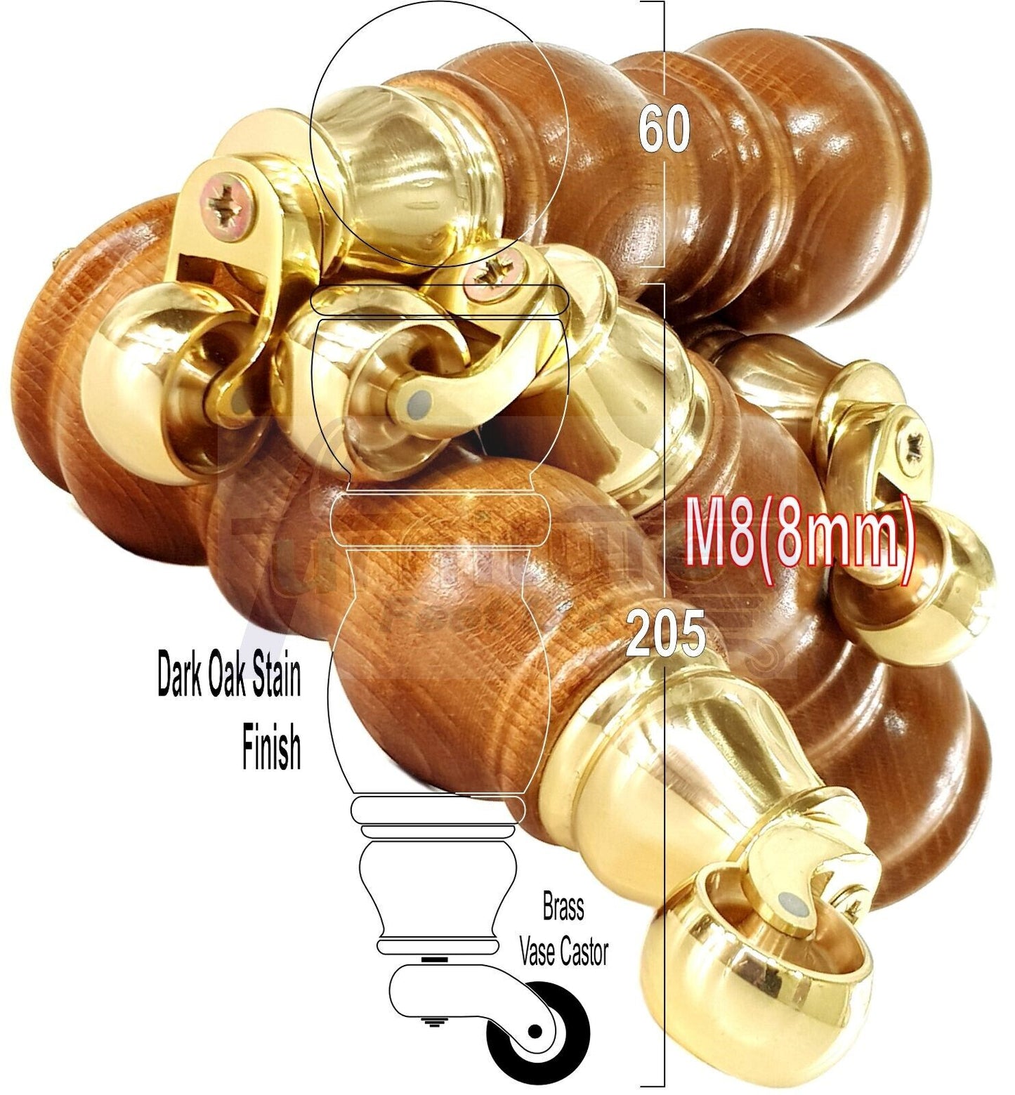 4x Furniture Feet With Castor 205mm High Legs Dark Oak Wood M8 Sofas Chairs Stools Cabinets 8 Inches Tall