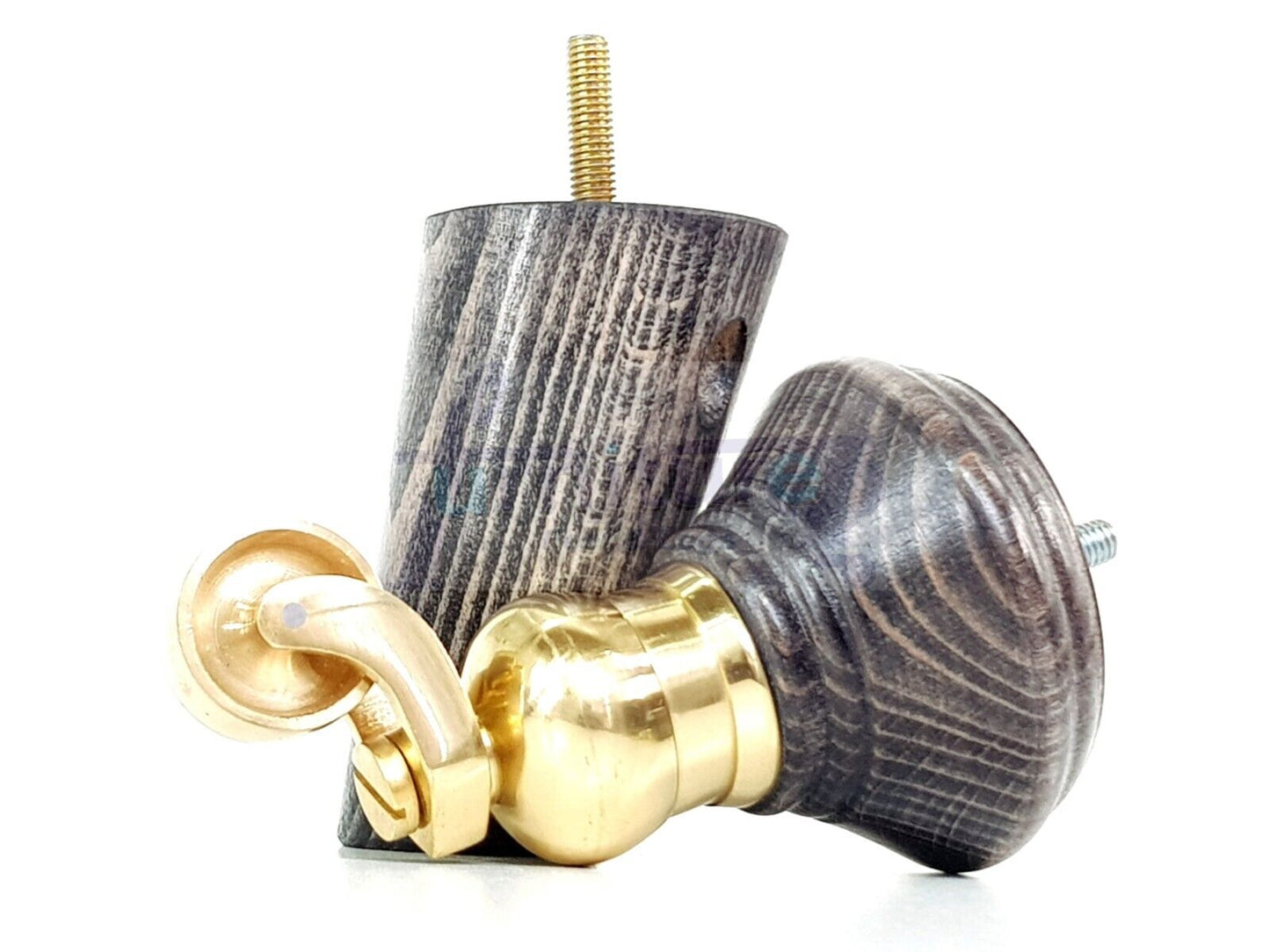 2 Black Washed Wood Furniture Sofa Legs With Castor 125mm & 2 Angled Back Feet Chair Settee 100mm High M8