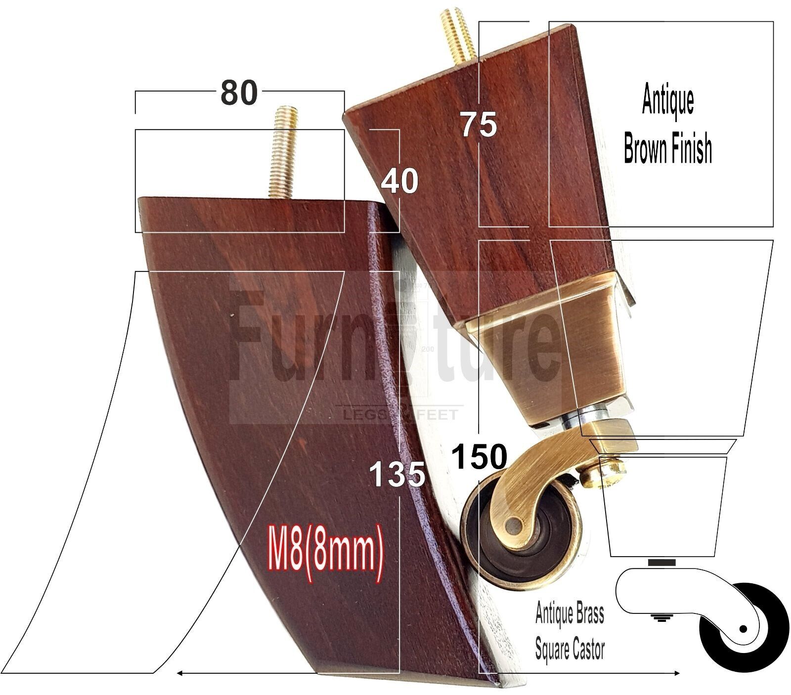 2x Cuved Wood Furniture Legs & 2x Antique Castor Feet 150mm High For Chairs Sofas Settees 8mm Thread