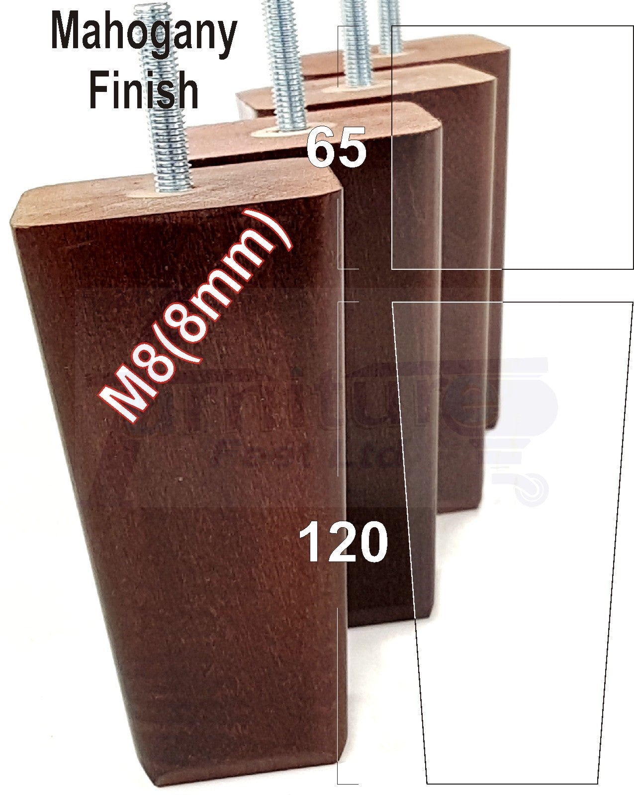 4x Wooden Furniture Legs 120mm High Replacement Square Tapered Feet 8mm