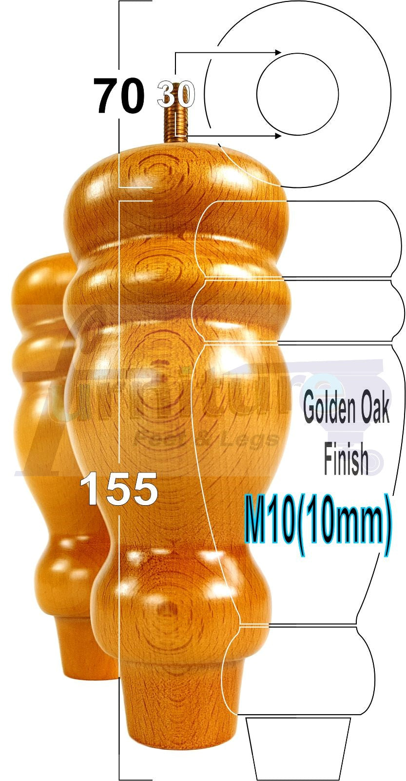 Set Of 4 Turned Wood Furniture Legs Replacement Sofa, Chair Feet 155mm High M10 Tread